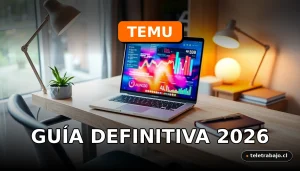 Guía para trabajar desde casa comprando en Temu: oficina moderna con portátil y gráficos abstractos en pantalla.