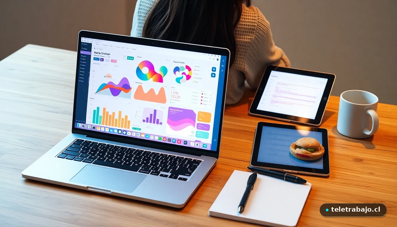 Estudiante organizando su jornada entre trabajo remoto y estudios en un escritorio moderno con tecnología