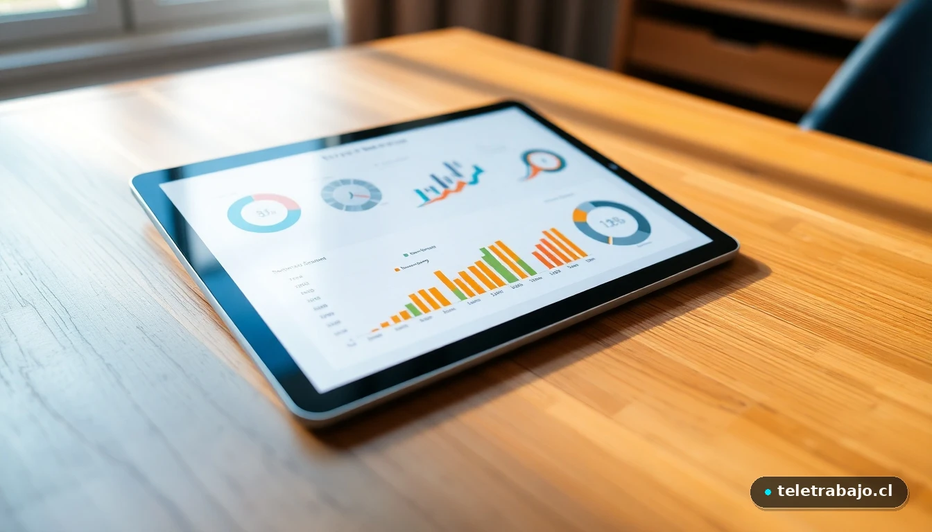 Gráficos abstractos de colores mostrando el crecimiento y métricas de la economía de plataformas en una tableta moderna.