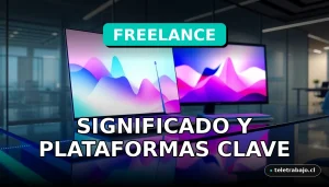 Concepto visual del trabajo freelance en 2026 con gráficos abstractos en pantallas y un escritorio moderno.
