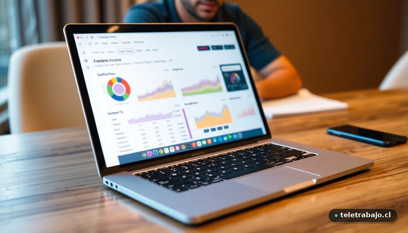 Laptop mostrando gráficos abstractos de gestión de proyectos freelance en 2026