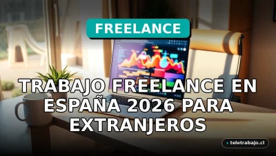 Un profesional freelance trabajando desde su moderno escritorio de oficina en casa en España, mostrando gráficos abstractos en la pantalla del portátil.