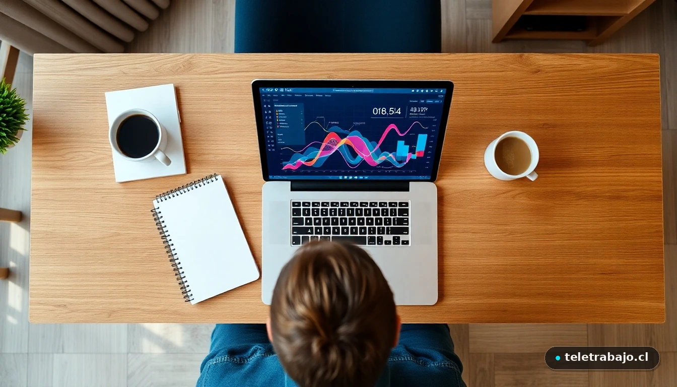 Vista aérea de una estación de trabajo remoto moderna y minimalista con gráficos de datos abstractos en la pantalla.