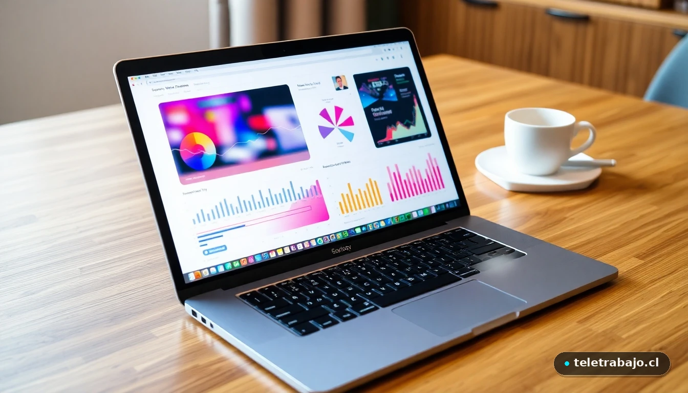 Laptop mostrando gráficos abstractos de análisis de datos para oportunidades de teletrabajo moderno.