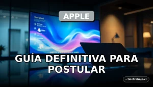 Guía para postular a un trabajo remoto en Apple en 2026, mostrando un espacio de trabajo moderno y tecnológico.