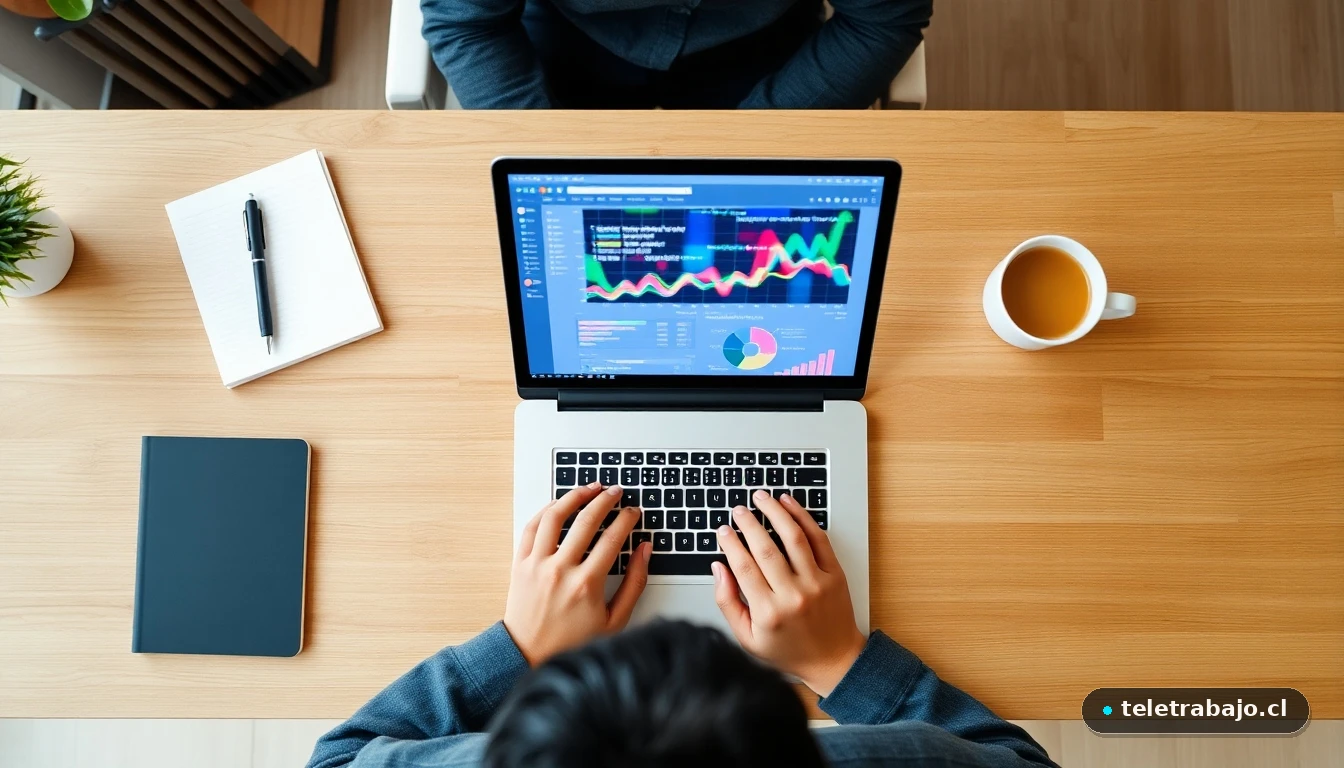 Vista aérea de una estación de trabajo remoto moderna y minimalista con un portátil mostrando gráficos abstractos de colores.