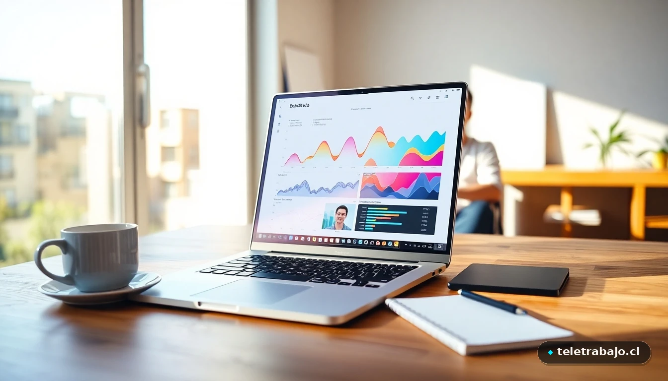 Oficina en casa moderna con laptop mostrando gráficos de datos coloridos para trabajo remoto