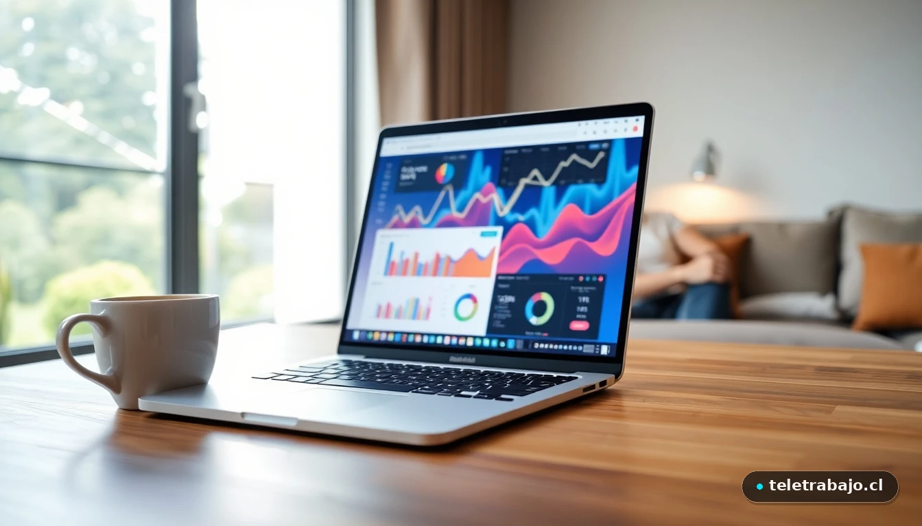 Oficina en casa moderna para trabajo remoto en Colombia con laptop mostrando gráficos de datos.