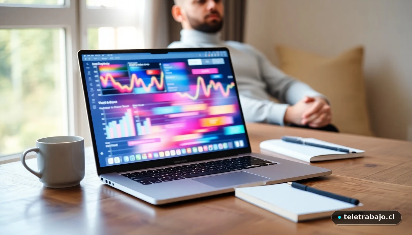 Joven profesional trabajando desde casa con su portátil, revisando gráficos de datos abstractos y coloridos en su pantalla.