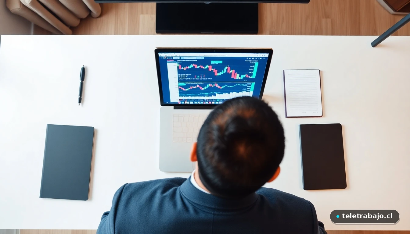 Vista aérea de un escritorio moderno para trabajo remoto de contador, con gráficos financieros abstractos en pantalla.