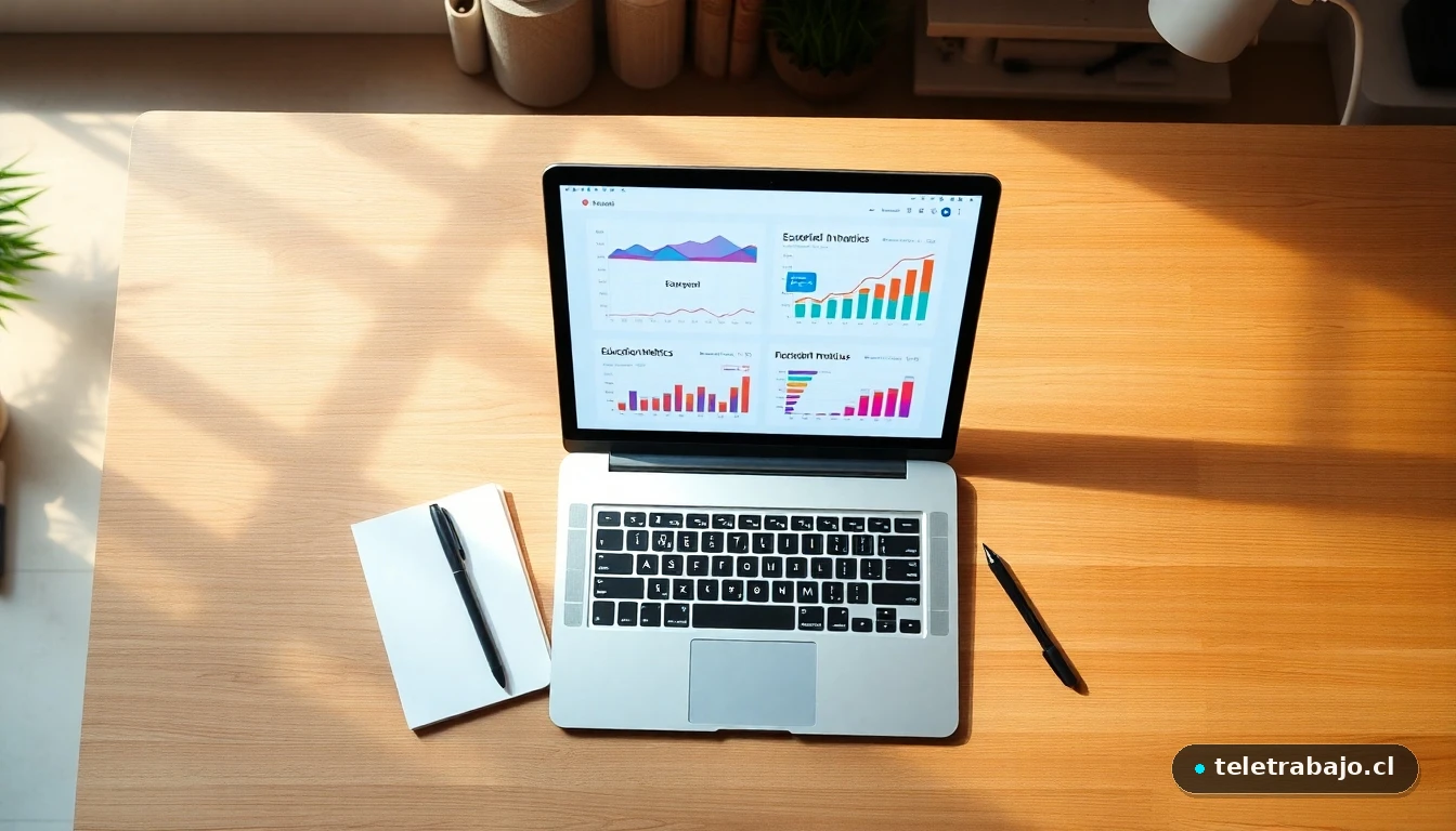 Vista aérea de un escritorio moderno para docentes remotos, con herramientas digitales y gráficos de análisis educativo en pantalla.