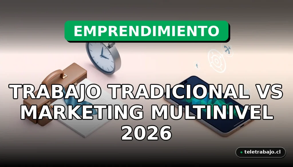Concepto visual comparando un escritorio corporativo tradicional con un espacio de trabajo dinámico para marketing multinivel, mostrando herramientas y gráficos abstractos.
