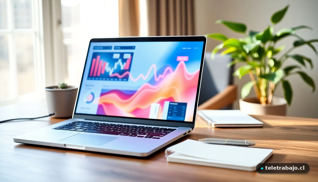 Joven profesional trabajando desde casa en un puesto a tiempo parcial, con gráficos de datos en su portátil sobre la mesa.