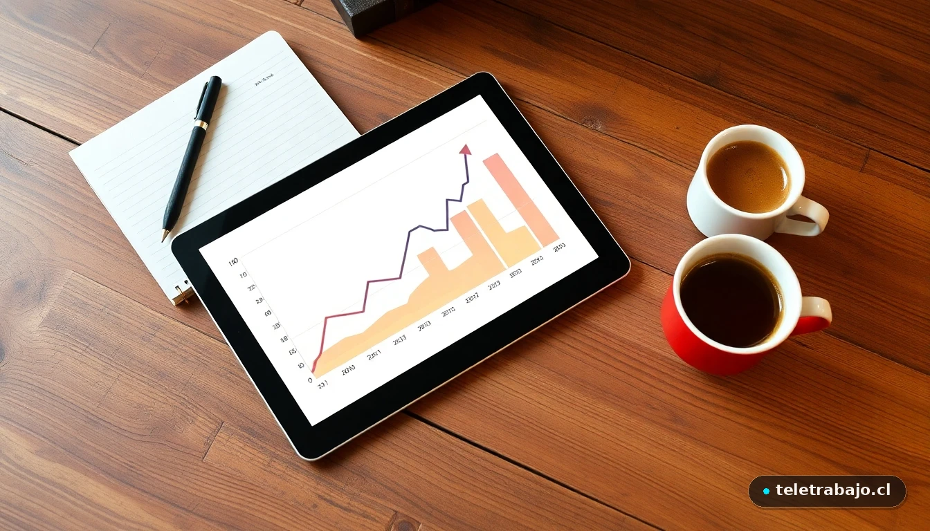 Gráfico abstracto de crecimiento de la demanda de empleo navideño en una tablet sobre una mesa de trabajo.