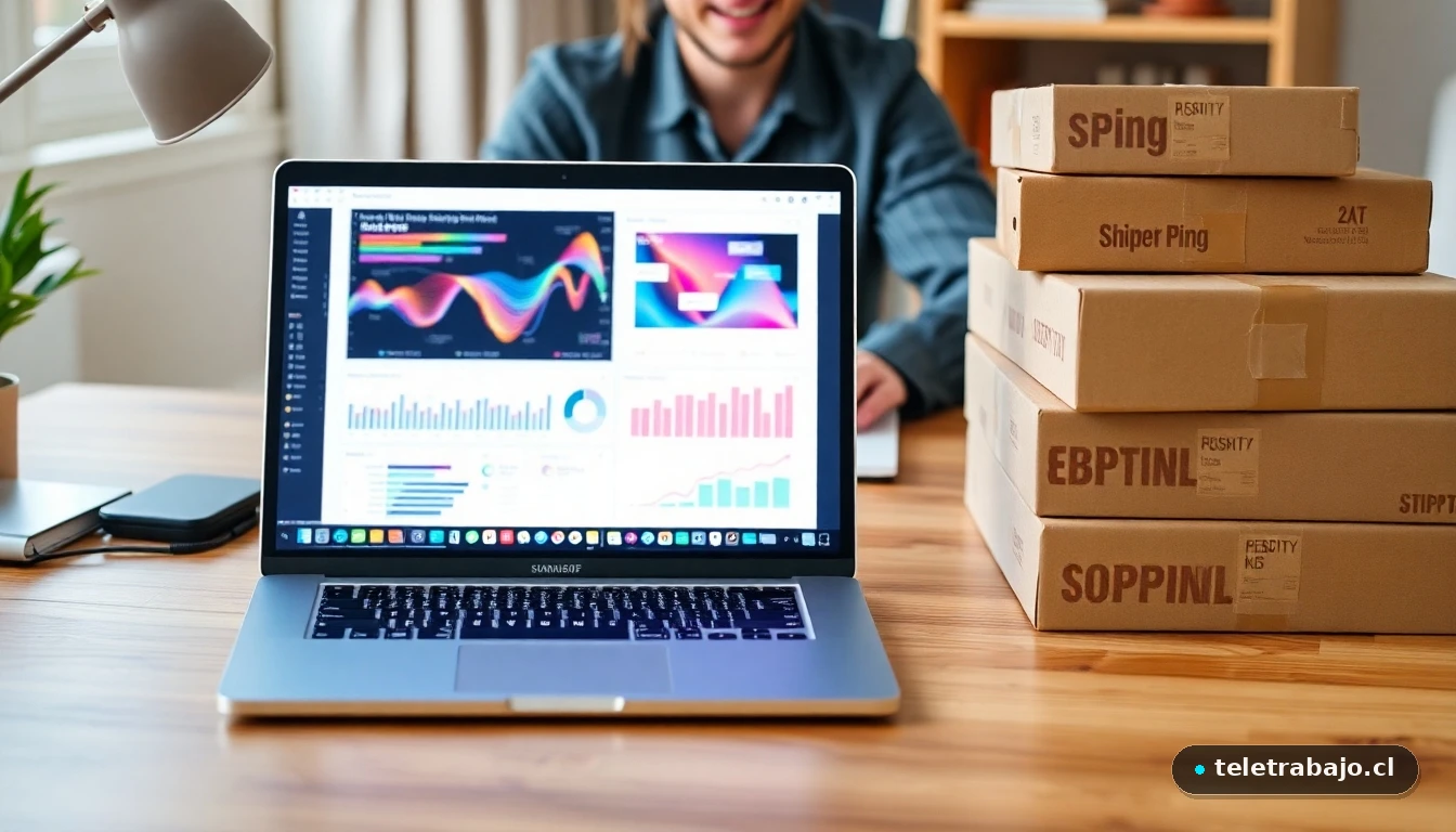 Oficina en casa moderna con cajas de envío y portátil mostrando gráficos de productividad