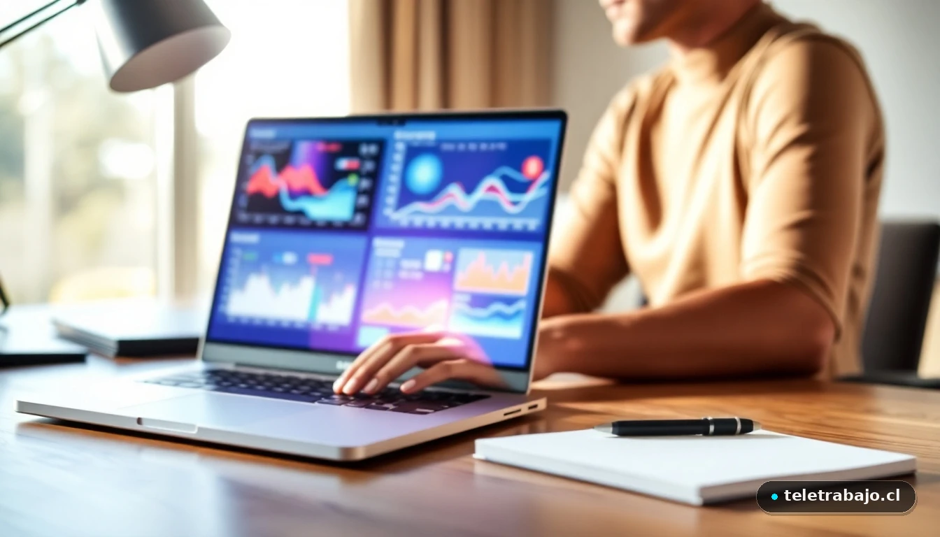 Joven hispano trabajando desde casa en un portátil, visualizando datos de trabajo remoto en una pantalla