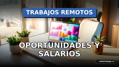 Un moderno escritorio de oficina en casa con portátil, gráficos abstractos en pantalla y plantas, representando oportunidades de trabajo remoto en español en USA para 2026.