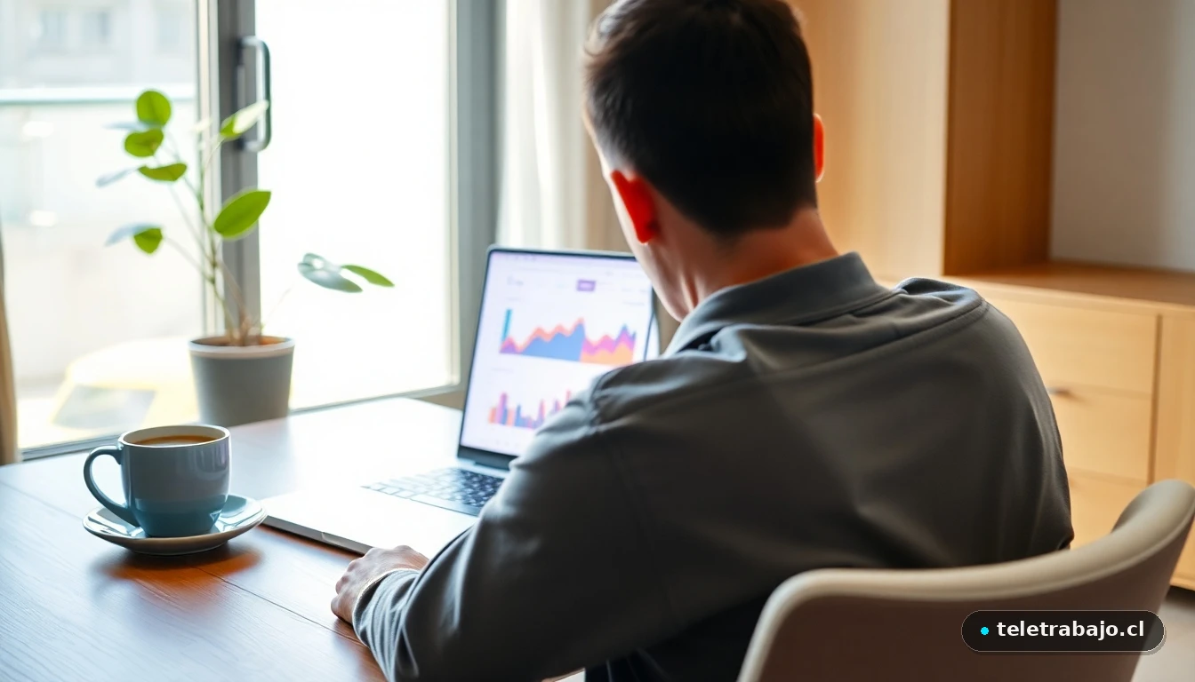 Joven profesional venezolano trabajando de forma remota desde su casa con portátil mostrando gráficos de datos abstractos.