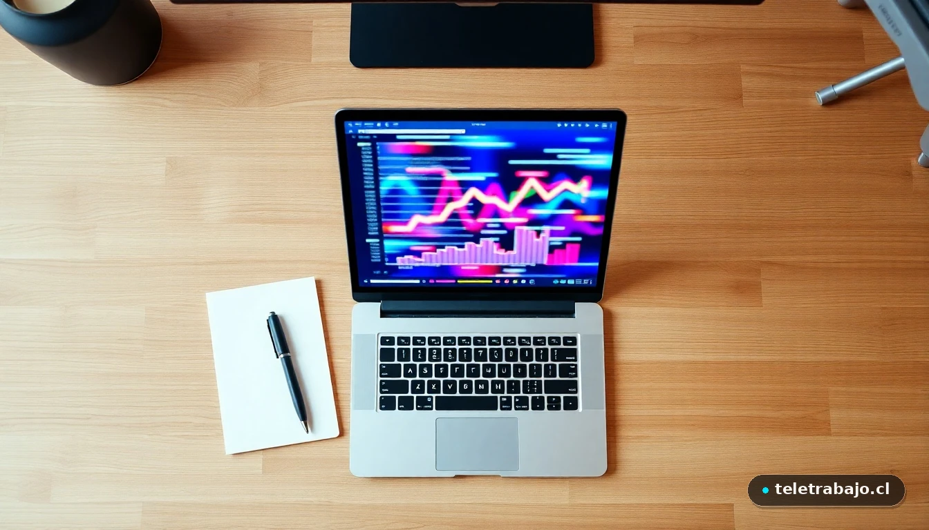 Vista aérea de un escritorio moderno para teletrabajo, mostrando una pantalla con gráficos abstractos de datos.