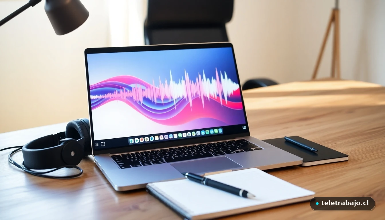 Escritorio moderno para trabajo remoto de transcripción con laptop mostrando gráfico de audio y auriculares profesionales.
