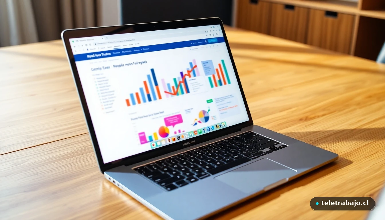 Portátil mostrando gráficos de colores y un correo profesional sobre feedback laboral en un escritorio moderno.