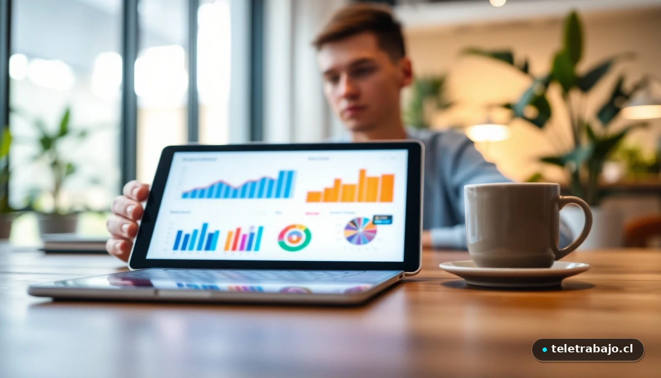 Tableta mostrando gráficos de datos de productividad en equipo en una oficina moderna