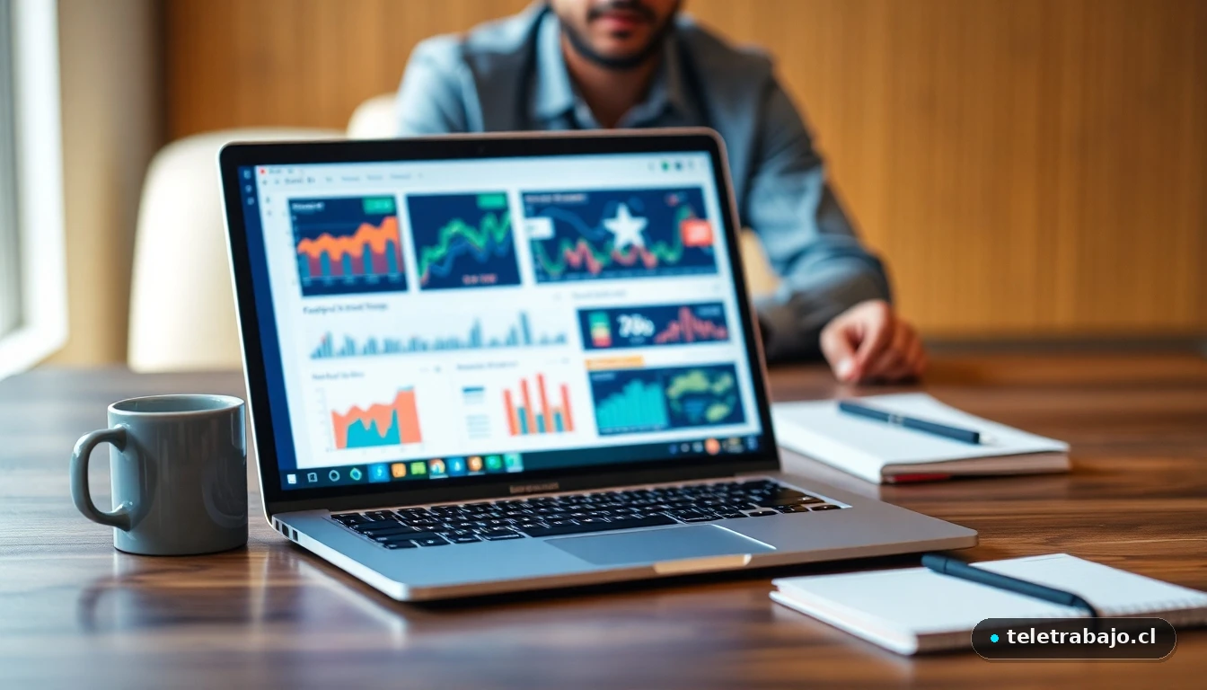 Laptop mostrando gráficos abstractos de colaboración en equipo sobre una mesa de trabajo moderna