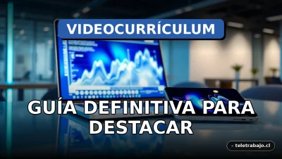 Un videocurrículum profesional en 2026 mostrado en una pantalla de ordenador con gráficos abstractos, en un entorno de oficina moderna y tecnológica.