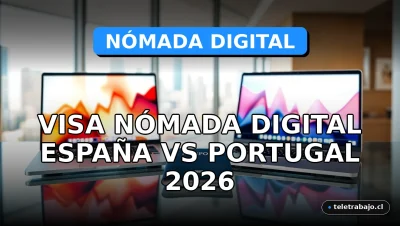 Comparación visual de las visas de nómada digital de España y Portugal para 2026, mostrando un entorno de trabajo moderno y global.