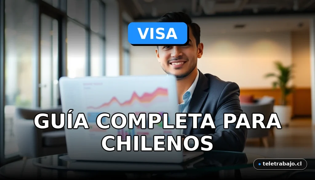 Joven chileno revisa información sobre la Visa Work and Holiday para Australia 2026 en su laptop, mostrando gráficos abstractos en la pantalla.