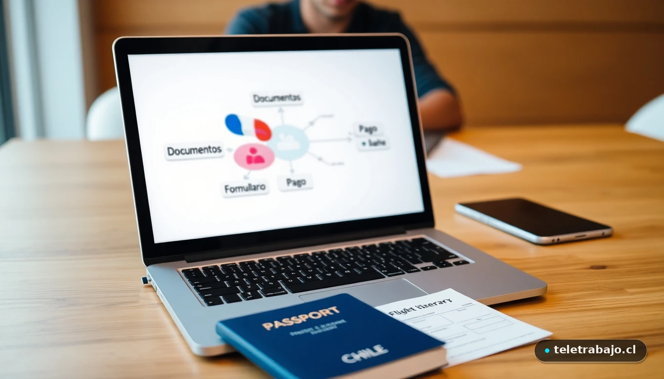Proceso de solicitud de la visa working holiday para Australia mostrado en un diagrama de flujo colorido en una laptop