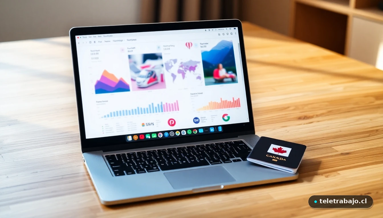 Laptop mostrando gráficos de datos sobre visas de trabajo y viaje en Canadá, con pasaporte y bandera canadiense en un escritorio moderno.