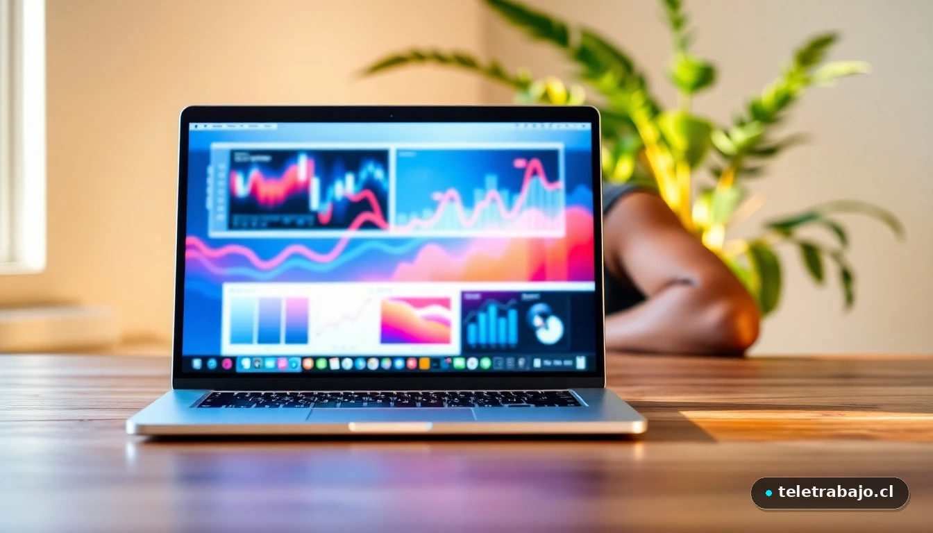 Espacio de trabajo moderno y minimalista con laptop mostrando gráficos de datos abstractos, ideal para emprendedores en 2026.