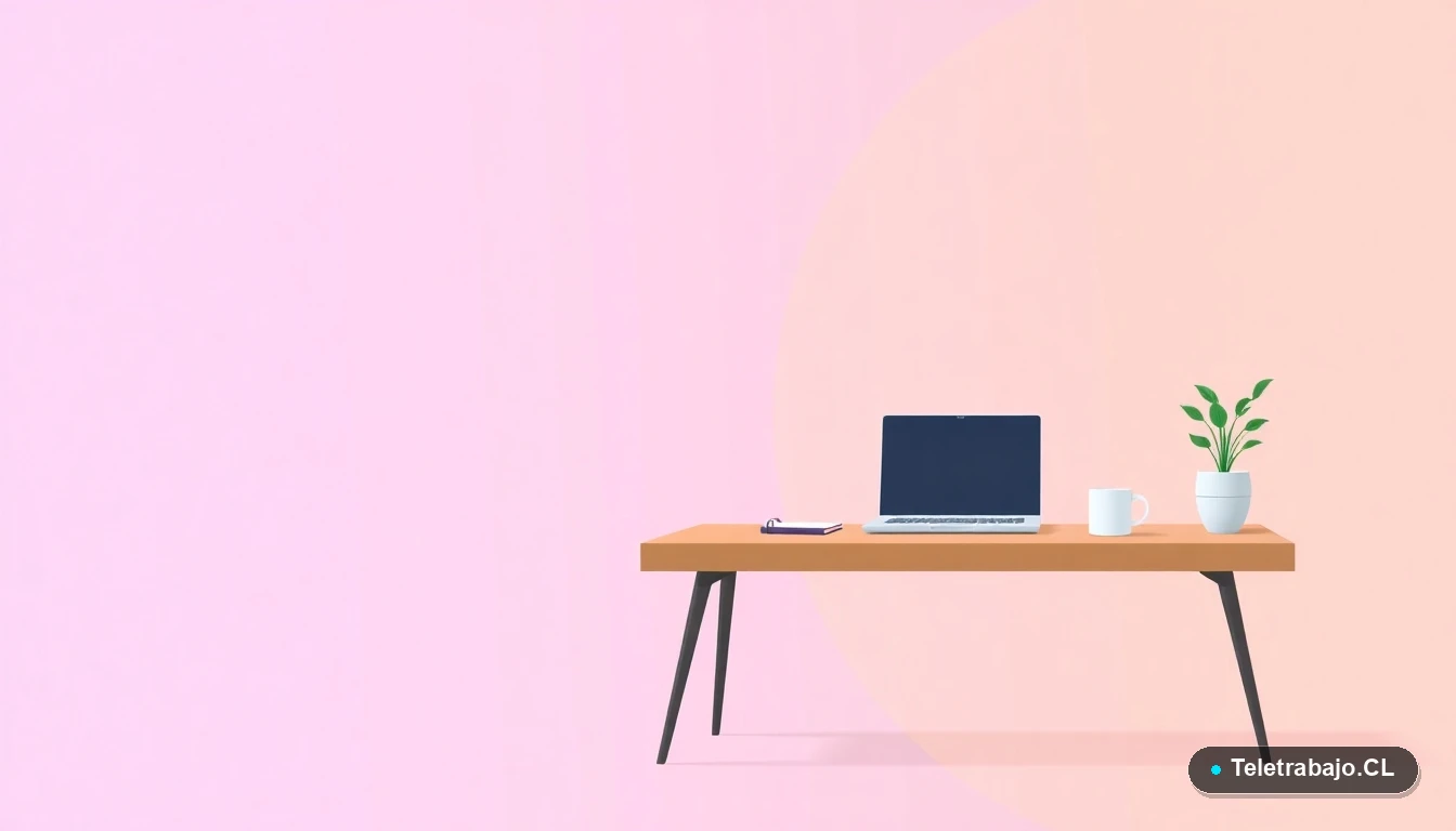 Escritorio moderno minimalista con laptop, cuaderno, taza y planta suculenta, ilustración vectorial plana sobre fondo degradado lila y durazno.