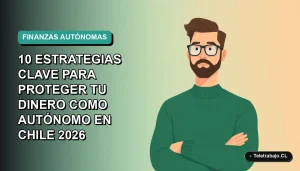 Ilustración vectorial plana de un hombre profesional autónomo con suéter verde, sobre un fondo degradado azul verdoso, representando estrategias financieras clave para trabajadores independientes en Chile.