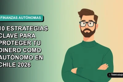 Ilustración vectorial plana de un hombre profesional autónomo con suéter verde, sobre un fondo degradado azul verdoso, representando estrategias financieras clave para trabajadores independientes en Chile.
