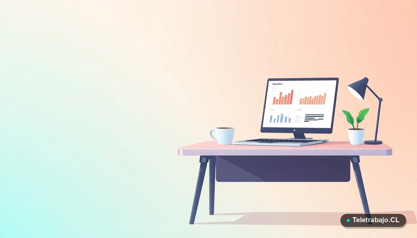 Escritorio moderno minimalista con laptop, taza de café y planta suculenta. Elementos de oficina en estilo ilustración vectorial plana. Fondo con gradiente de colores menta y verde azulado. Concepto de espacio de trabajo productivo.