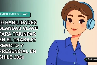 Ilustración plana vectorial de mujer profesional chilena con blusa azul, representando habilidades blandas para el trabajo remoto e híbrido en 2026, sobre fondo degradado verde azulado.
