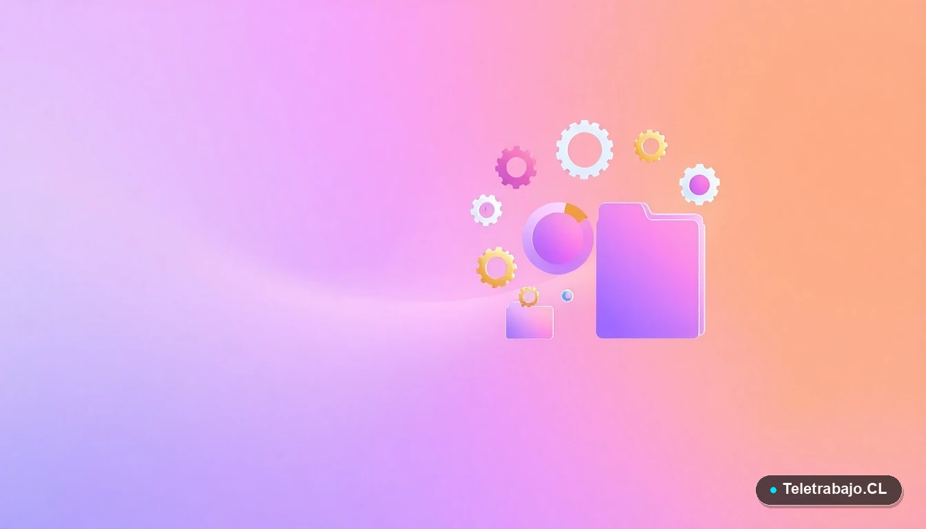 Composición abstracta de interfaz de usuario con gráficos y engranajes flotantes en estilo vectorial plano, representando conceptos tecnológicos para el trabajo del futuro.