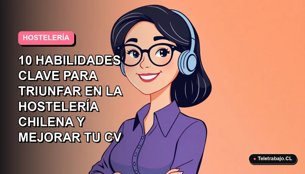 Ilustración plana vectorial de una trabajadora de hostelería chilena sonriente, con fondo degradado vacío.