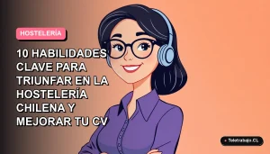 Ilustración plana vectorial de una trabajadora de hostelería chilena sonriente, con fondo degradado vacío.