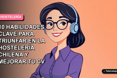 Ilustración plana vectorial de una trabajadora de hostelería chilena sonriente, con fondo degradado vacío.