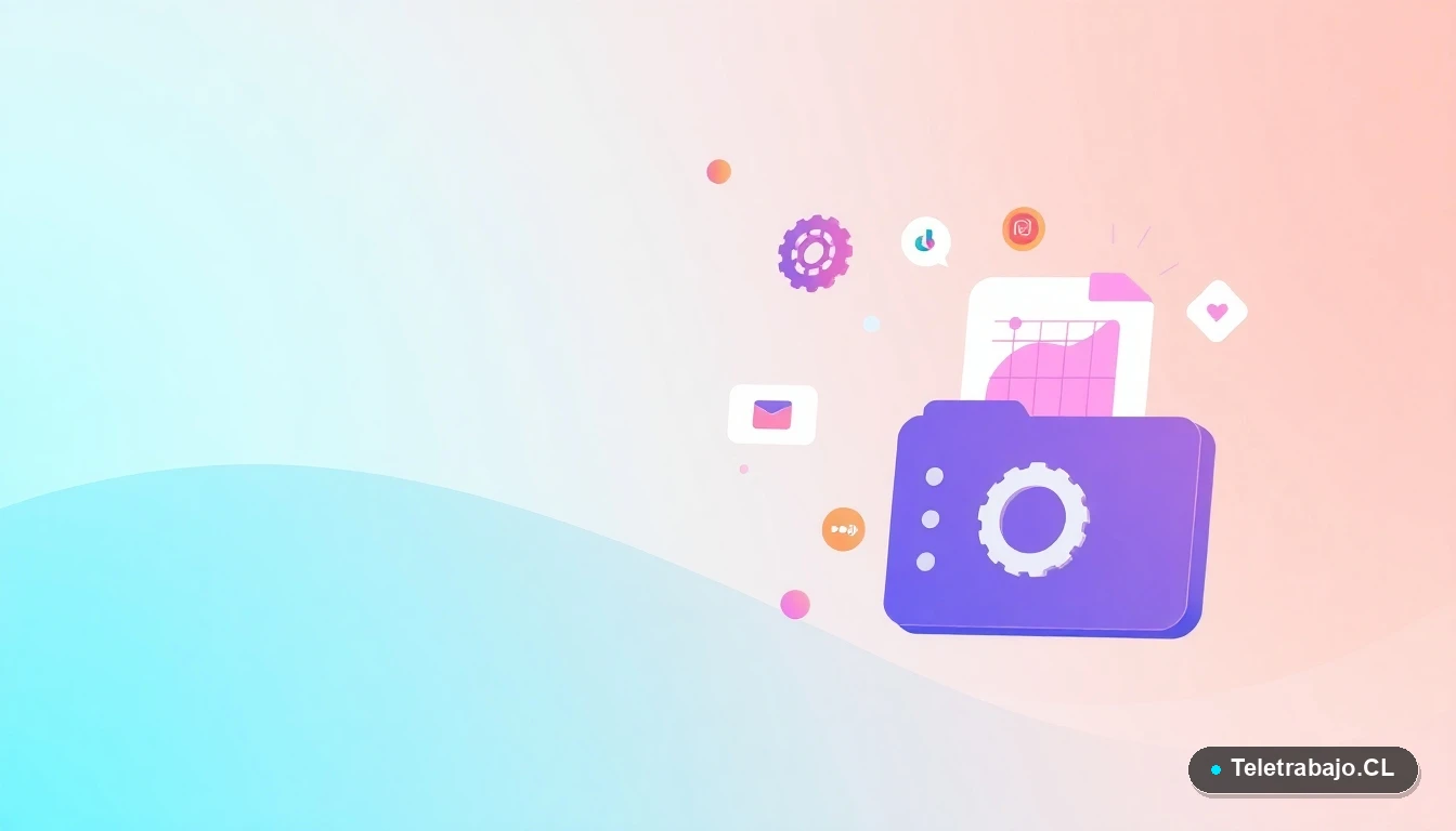 Elementos gráficos abstractos de interfaz de usuario con gráficos y engranajes flotantes, sobre fondo degradado minimalista.