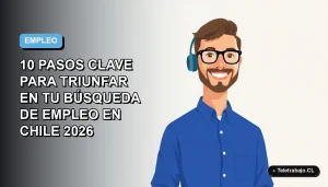 Ilustración vectorial plana de un hombre profesional con camisa azul y lentes, sobre fondo degradado azul y blanco, representando el éxito en la búsqueda de trabajo en Chile.