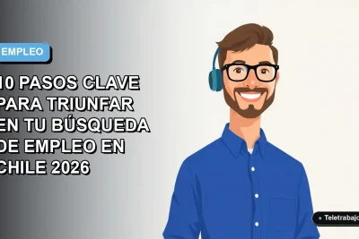 Ilustración vectorial plana de un hombre profesional con camisa azul y lentes, sobre fondo degradado azul y blanco, representando el éxito en la búsqueda de trabajo en Chile.