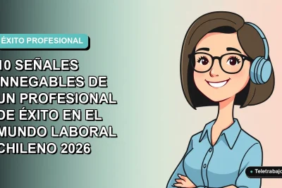 Ilustración plana corporativa de una mujer profesional chilena sonriente, con blusa azul y corte bob, sobre fondo degradado azul verdoso. Espacio negativo a la izquierda.