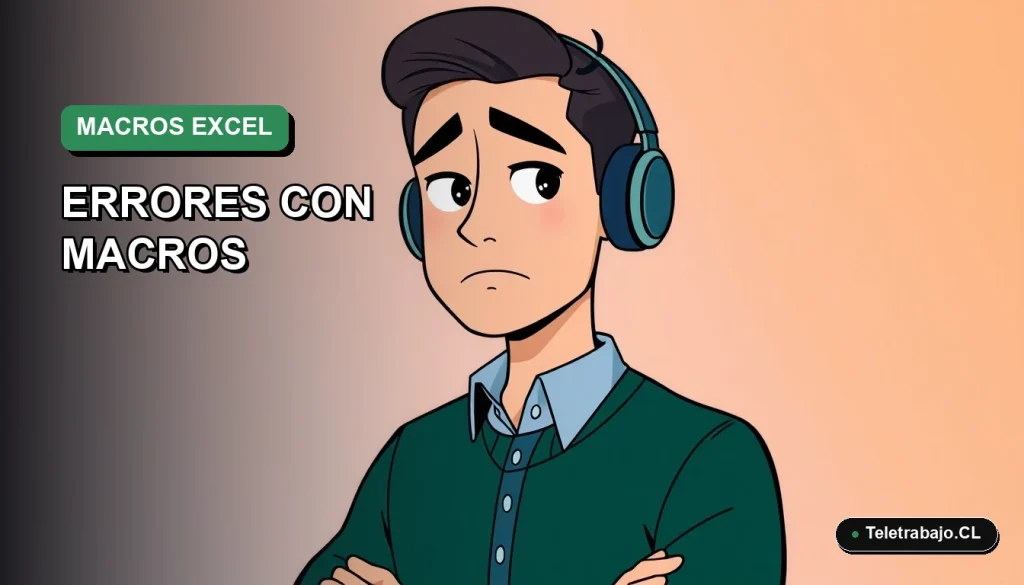 Ilustración plana corporativa de un trabajador masculino frustrado frente a un laptop, representando problemas de productividad con macros de Excel. Fondo degradado verde.