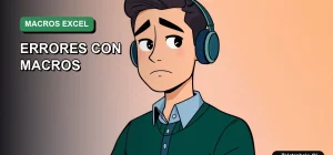 Ilustración plana corporativa de un trabajador masculino frustrado frente a un laptop, representando problemas de productividad con macros de Excel. Fondo degradado verde.