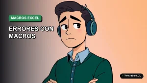 Ilustración plana corporativa de un trabajador masculino frustrado frente a un laptop, representando problemas de productividad con macros de Excel. Fondo degradado verde.