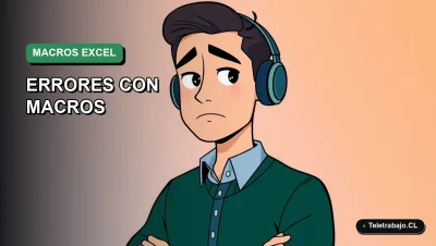 Ilustración plana corporativa de un trabajador masculino frustrado frente a un laptop, representando problemas de productividad con macros de Excel. Fondo degradado verde.